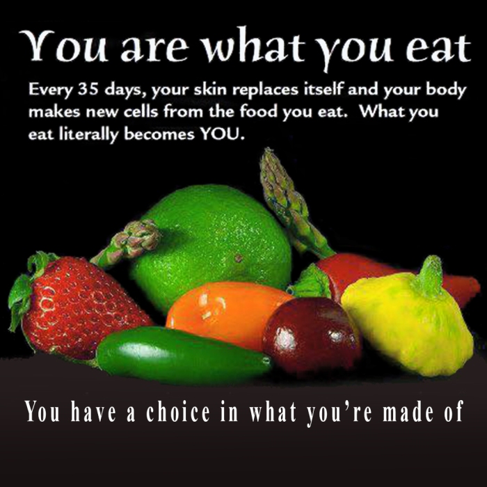 You are what you eat. Every 35 days, your skin replaces itself and your body makes new cells from the food you eat. What you eat literally becomes you.